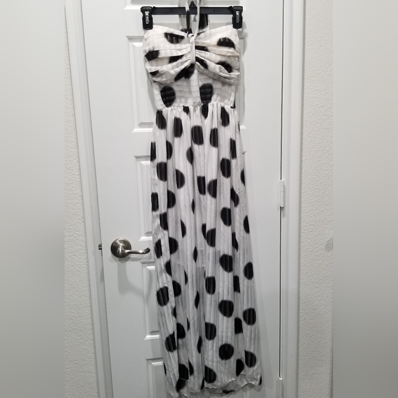 Strapless Maxi Dress Beach Tropical Summer Dress White Black Dot - Picture 1 of 8